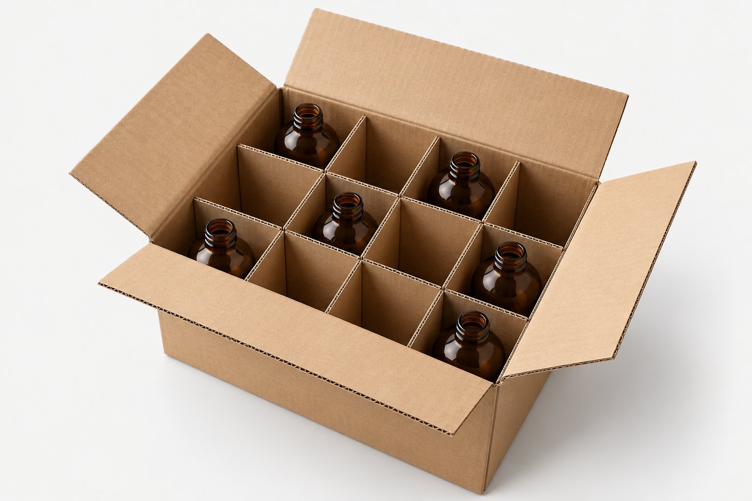 Caja con separadores de cartón y botellas ámbar